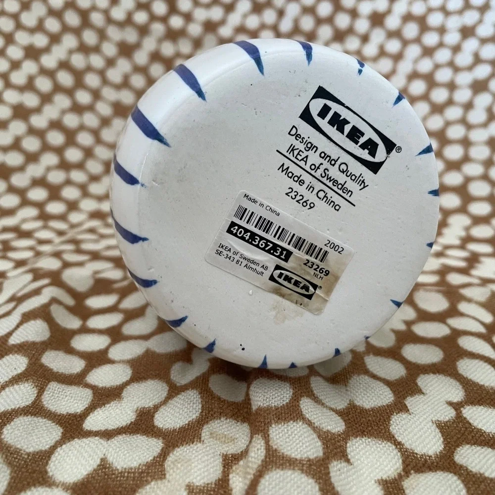 Ikea White Ceramic Pitcher Vase with Blue Stripes‎ Scandinavian Modern Decor